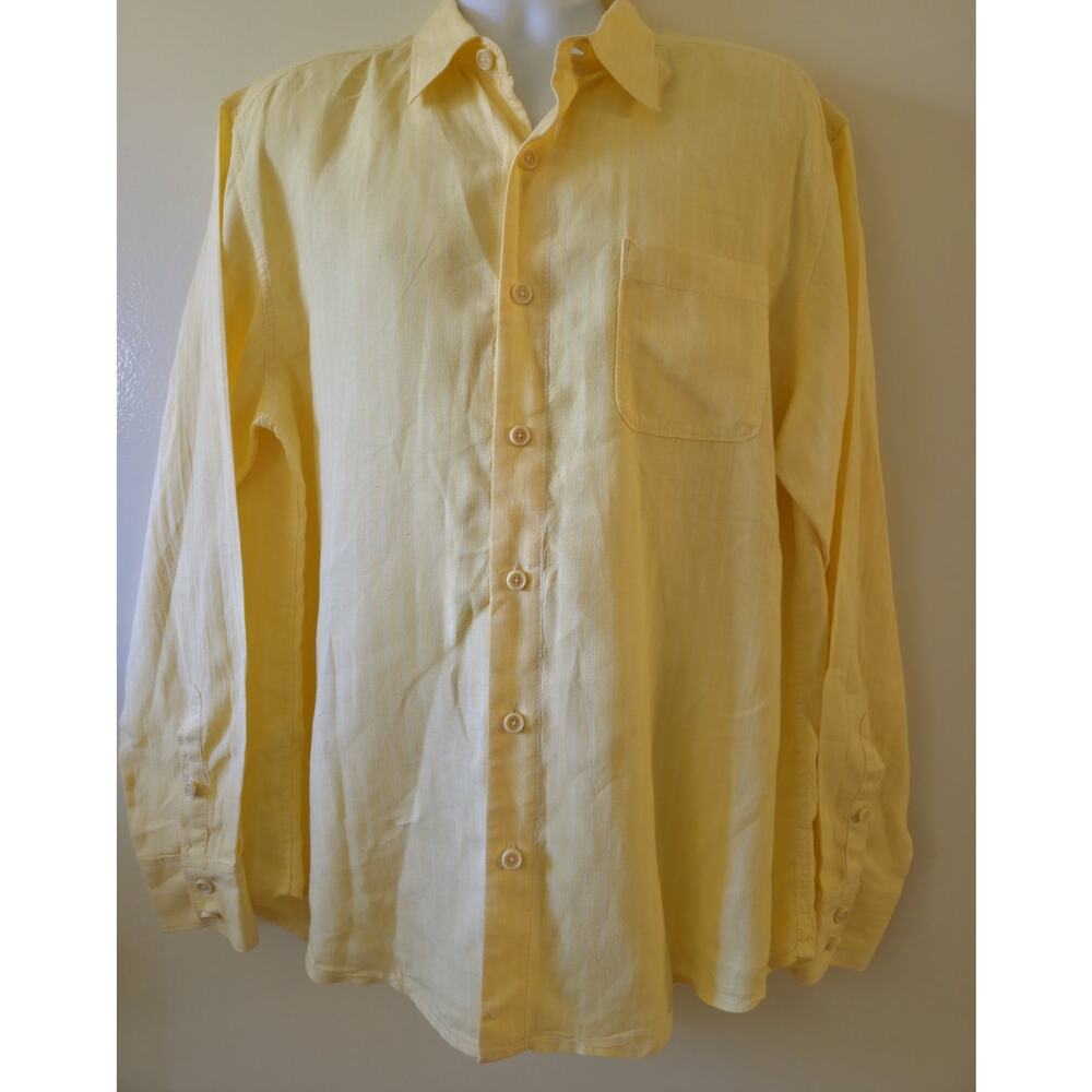Tommy Bahama Mens Linen Shirt Yellow Ice White Stripe Button Front Long Sleeve L